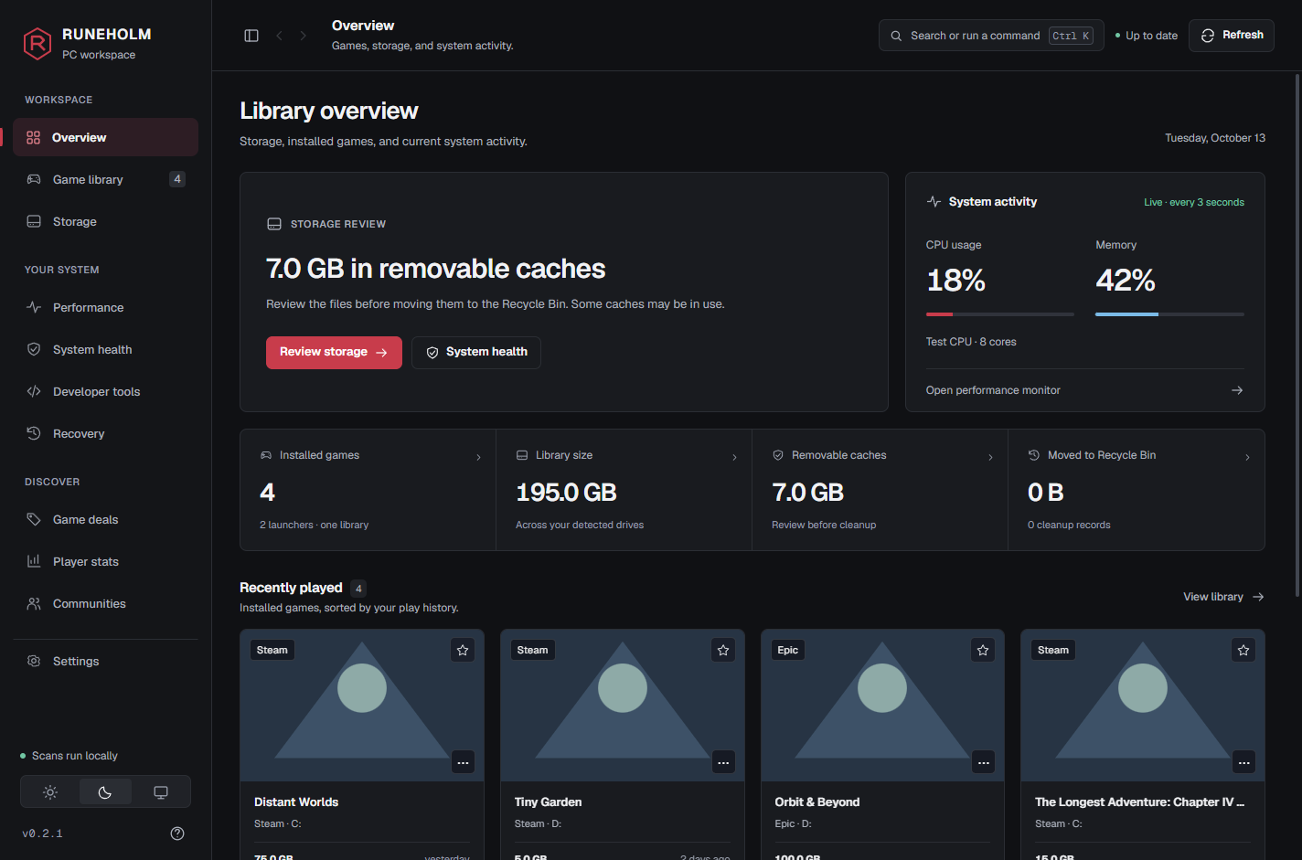RUNEHOLM overview showing drive space, a game shelf, performance readings and safe cleanup suggestions.